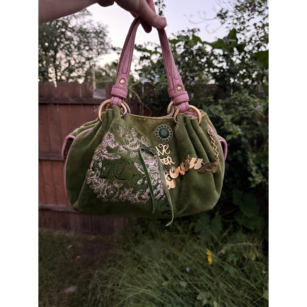 Vintage Juicy Couture Y2K Green/Pink Velour "Live for couture" Hobo Hand Bag